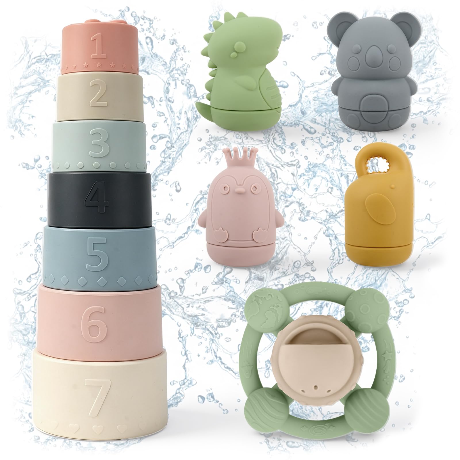 Giocattoli da Bagnetto per Bambini, Giochi Bagnetto Neonato in Silicone con Volante Giocattolo, Tazza Impilabili e Giocattoli Animali, Senza Bisfenolo A, Giocattolo a Acqua per Bagno Piscina Spiaggia