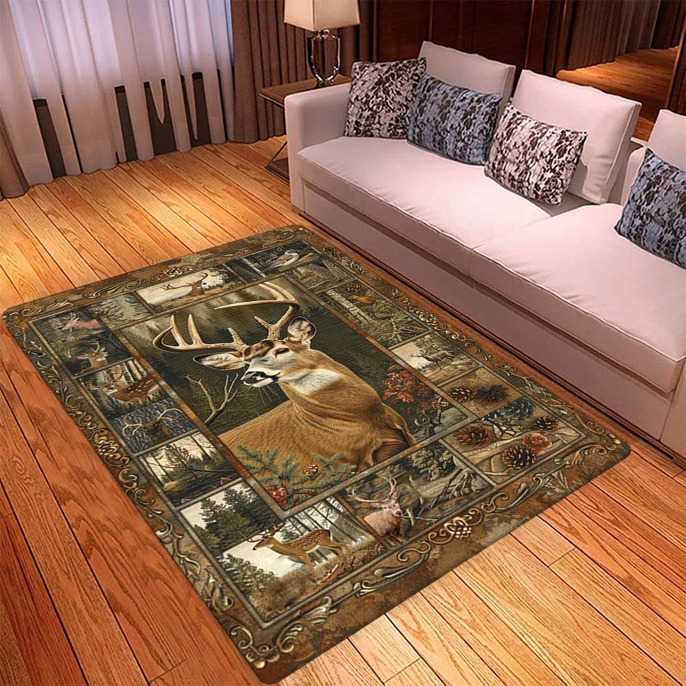 Whitetail Deer Area Rug for Living Room - 5x8, Soft Washable, Wildlife Print