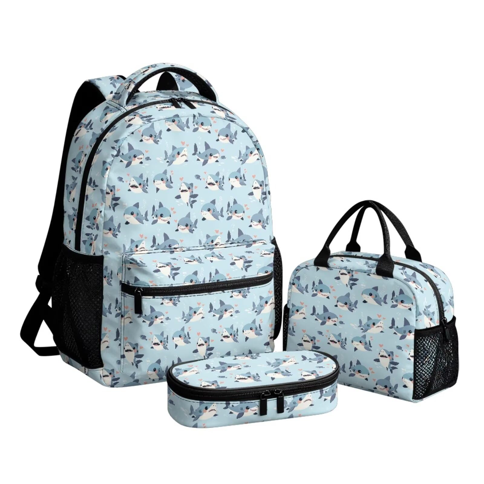 Sac à dos pour filles Shark Love Aqua résistant 3 pièces avec sac à lunch