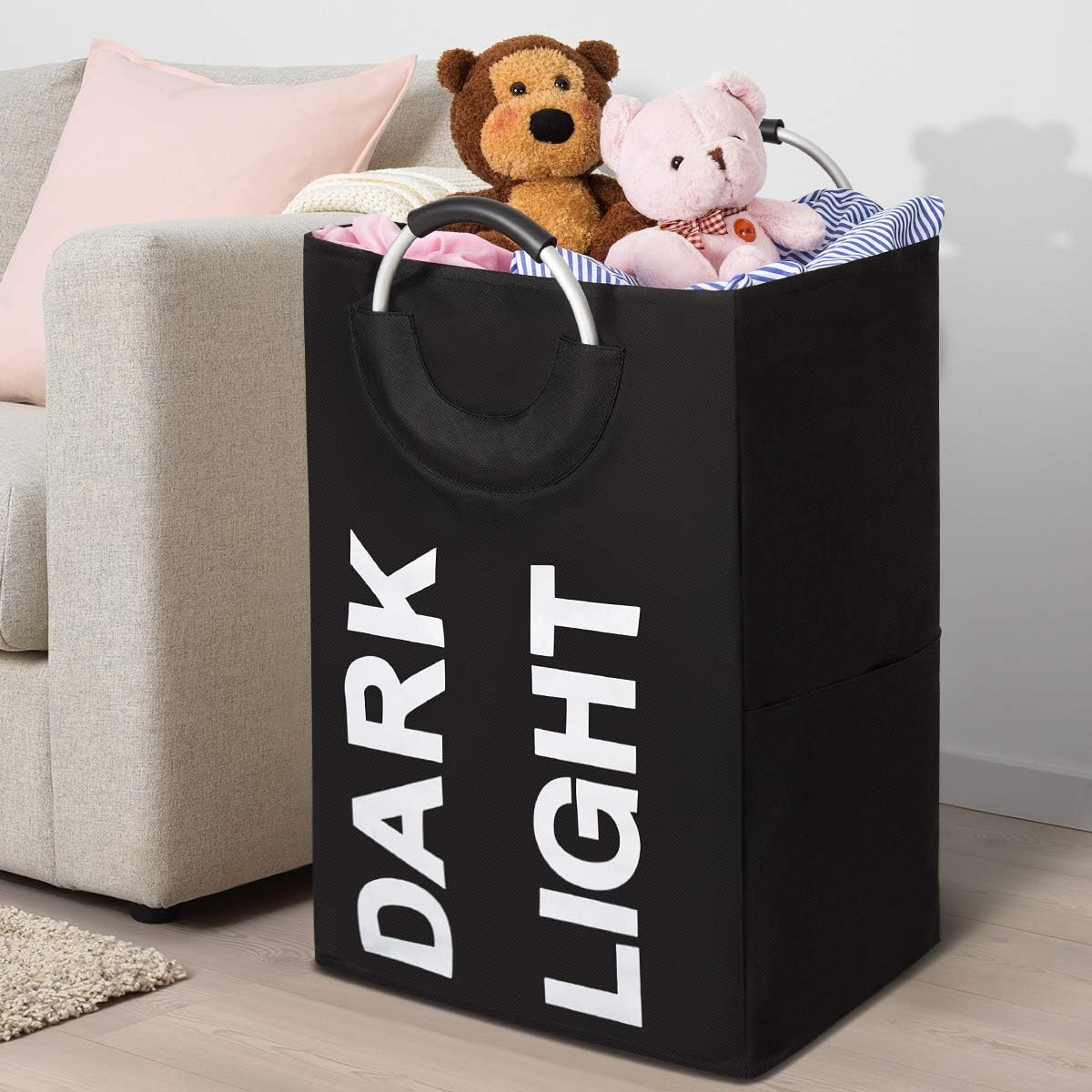 Chrislley Large Laundry Hamper Double Laundry Basket 2 Section Laundry Bag with Handles Foldable Hamper for Laundry Easily Transport Collapsible Clothes Hamper (Black)