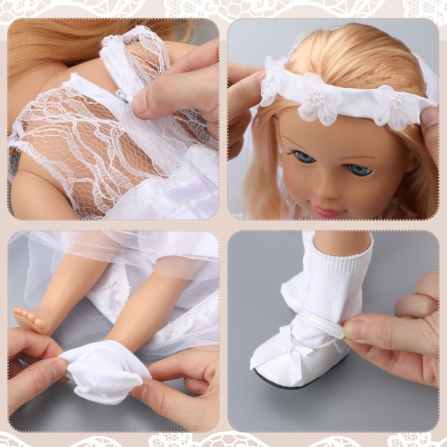 RoundFunny 7 Pcs 18 Inches American Doll Clothes Outfit First Communion Dress with Matching Headband Veil Bracelet Shoes Socks Necklaces Fit 18 Inches Dolls, Doll Not Included (Veil)