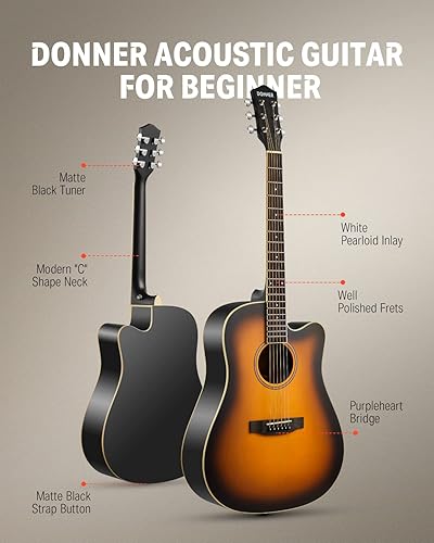 Vista 31 de Donner guitarra acústica dreadnought para adultos principiantes, de tamaño estándar, con funda, correa, afinador, cejilla, golpeador, cuerdas y 4