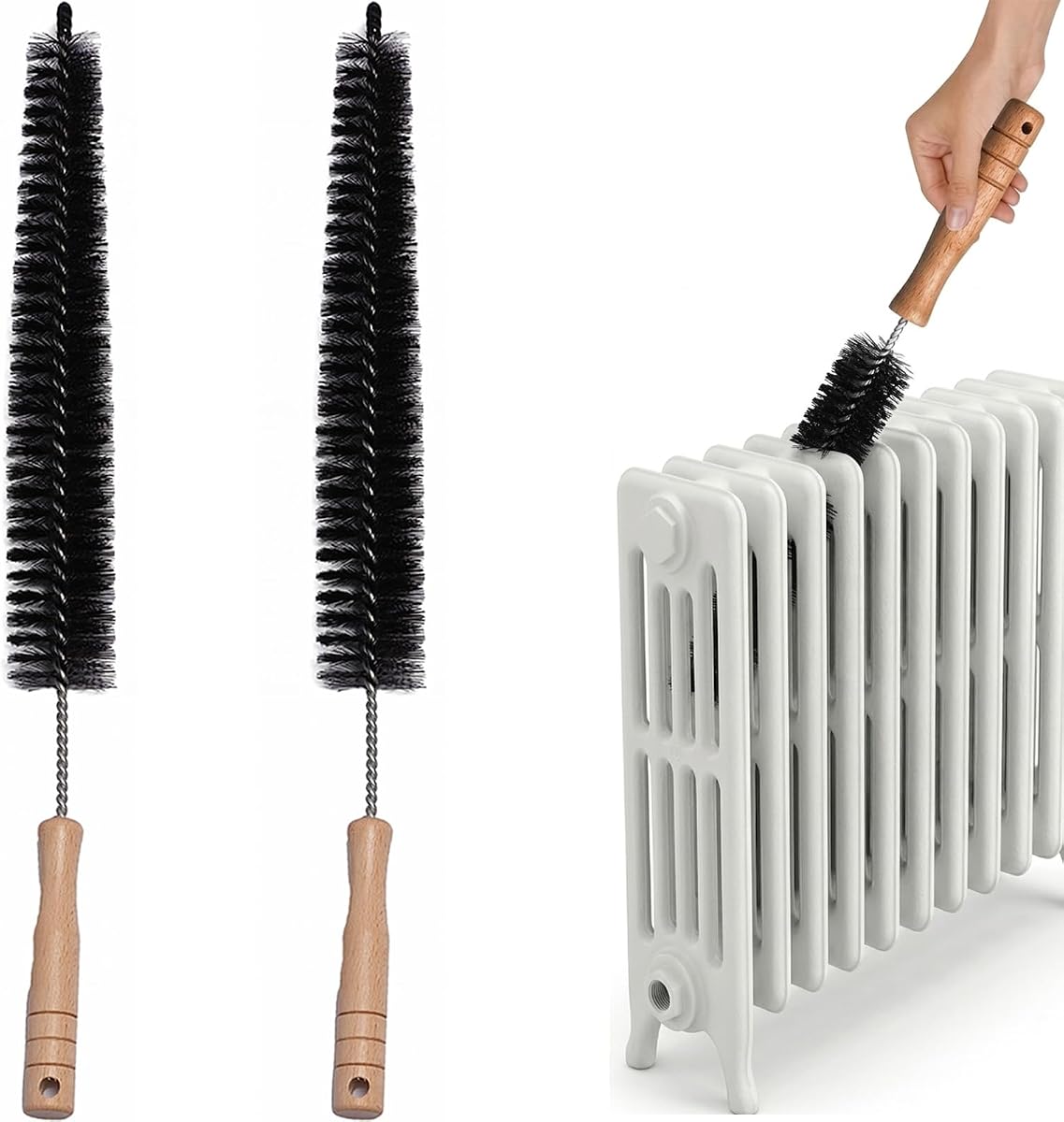 Cepillo para radiador, limpiador de radiador flexible de 17 pulgadas, mango de madera, paquete de 2 | cepillo multiusos para secadora y cepillo de limpieza de bobina de refrigerador para trampa de pelusa, pelo de mascotas, limpiador de ventilación, espacios estrechos y plumero