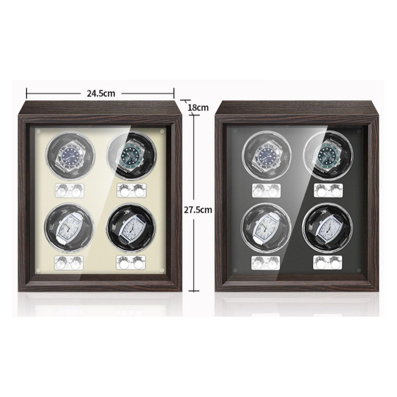 Custodia di Lusso in Legno con Carica Orologi per 2, 4 o 6 Orologi, Motore Silenzioso, espositore per Orologi in Legno e Custodia in Pelle, Organizer per Orologi, Nero-4+，Black-4+0