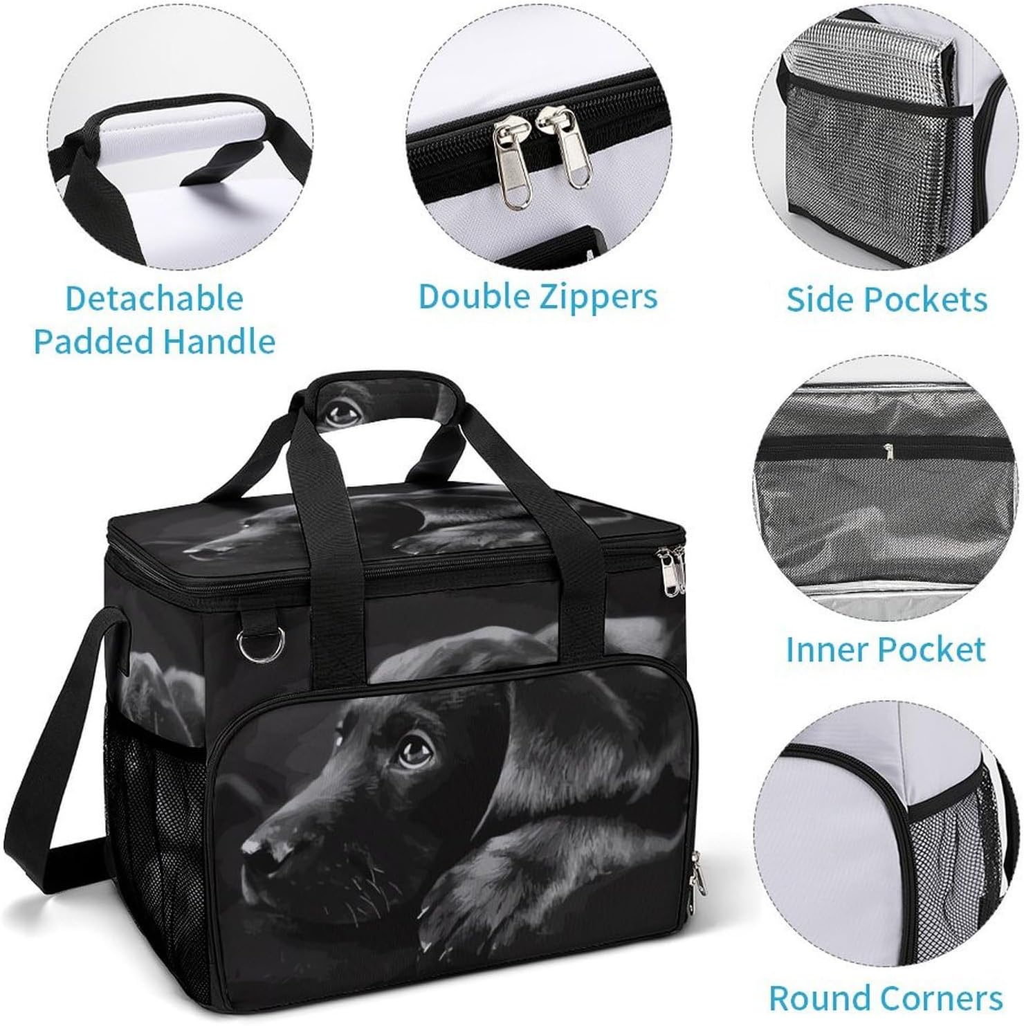 Insulated Picnic Backpack Tote Bag, Large Capacity 30L Black Labrador Puppy Cooler Bag Leakproof Beach Bags Portable Lunch Box Waterproof Picnic Basket for Beach Camping BBQ