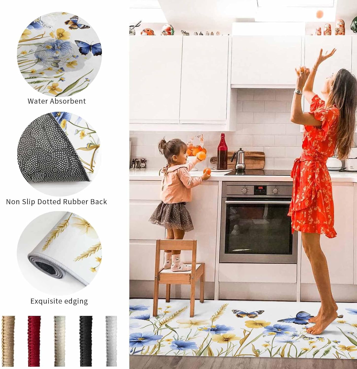 2 Pieces Kitchen Rugs and Mats,Summer Watercolor Wildflower Butterfly Area Runner Rug Set Non Slip Floor Doormat Washable Carpet Standing Mat for Kitchen Sink Indoor Corridor,Rustic Pastoral Theme