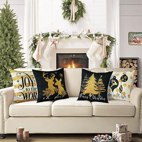 Miniatura 5 de OTOSTAR Juego de 4 fundas de almohada doradas de Navidad de 18 x 18 pulgadas para decoraciones de Navidad, alce negro y dorado, para árbol de