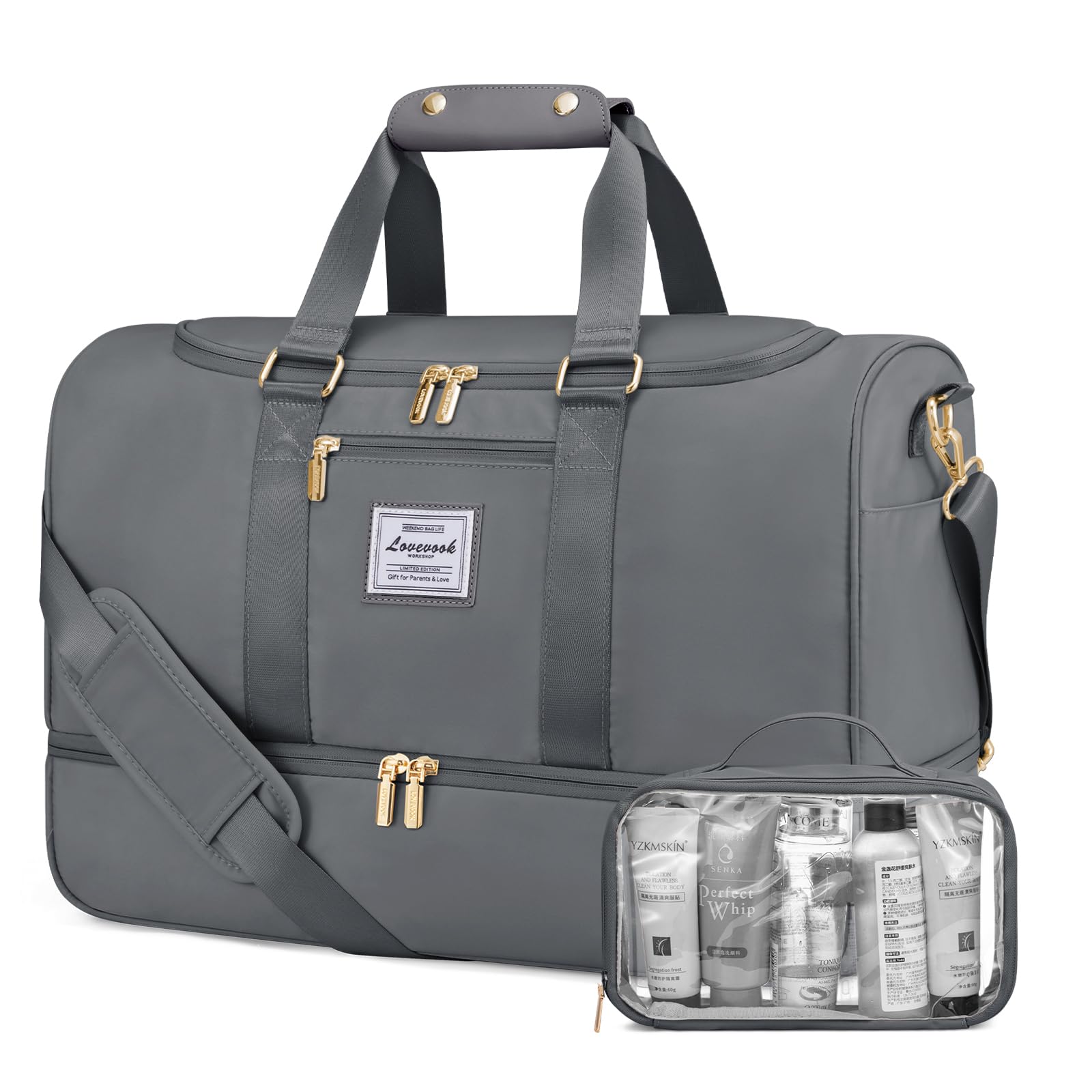 LOVEVOOK Sporttasche Reisetasche Damen, Weekender Travel Bag mit Kulturtasche, Schuhfach & Nassfach, Wasserdicht Gym Bag Schwimmtasche Saunatasche, Handgepäck Tasche für Reisen Fitness Urlaub, Grau