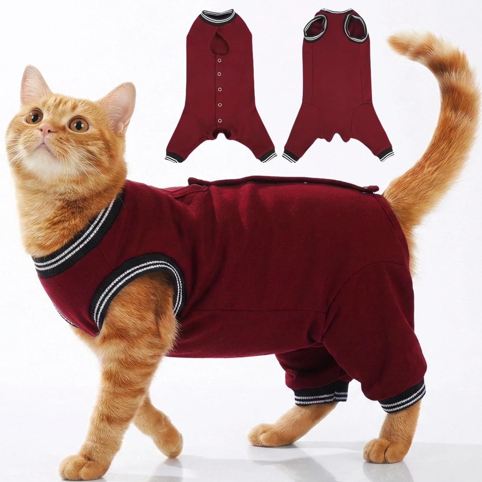 Photo 1 of T'CHAQUE Cat Clothes Surgery Recovery Suit for Female Male, Cat Onesie Pet Surgical Pajamas Long Sleeve, Abdominal Wound Healing, E-Collar Alternative, Spay/Neuter Recovery Garment-Burgundy-M