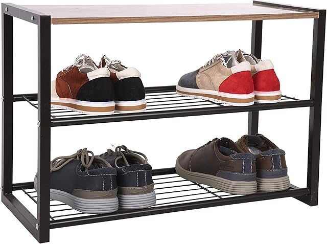 3 Tier Large Capacity Metal Shoe Organizer with Non Woven Cover for Living Room, Entryway, Hallway and Cloakroom, Black,Holds Up to 10 KGS.