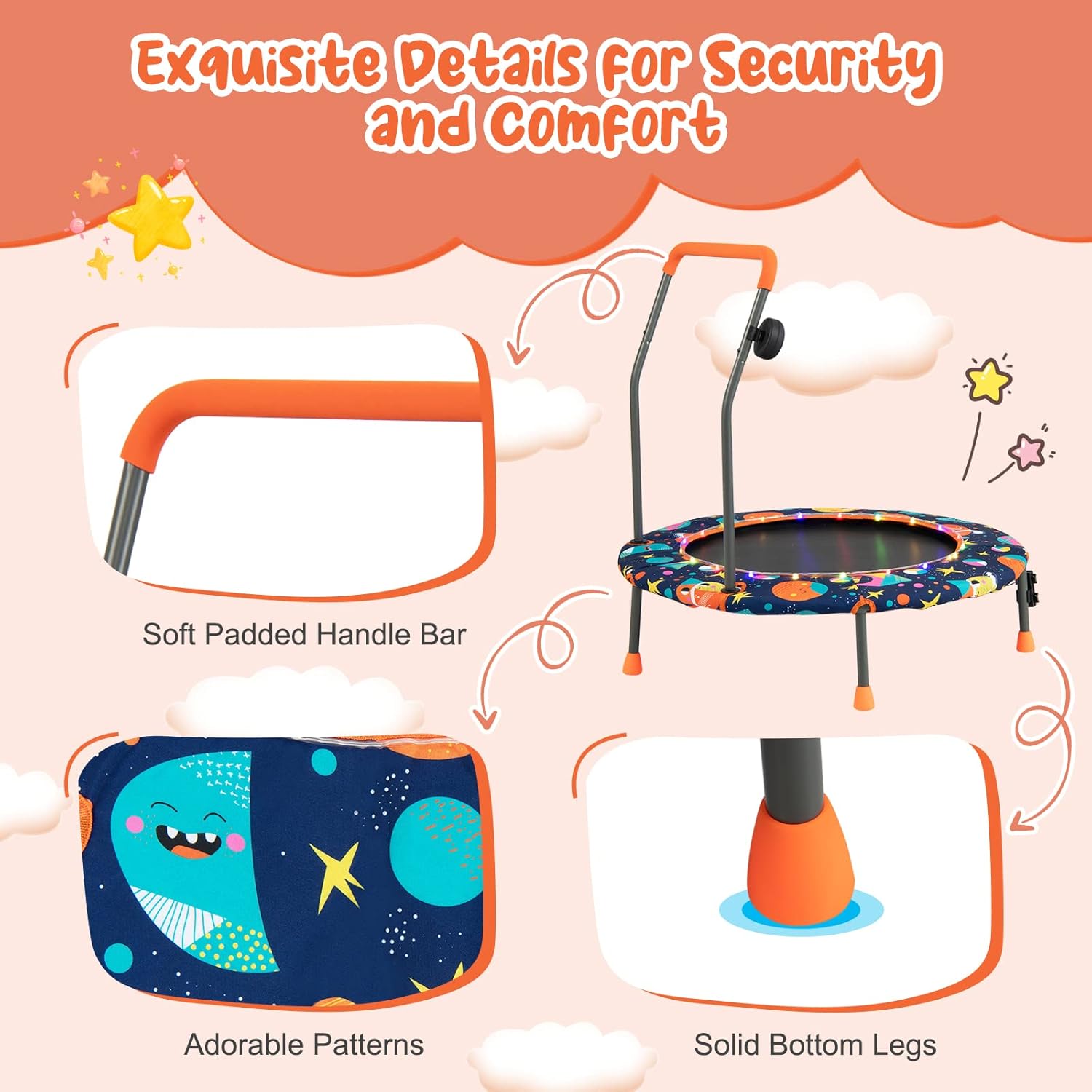 Giantex 36" Trampoline for Kids, Mini Toddler Trampoline w/Colorful LED Lights & Bluetooth Speaker, Small Rebounder Exercise Trampoline Indoor w/Foam Handle & Padded Cover for Kid Aged 3+