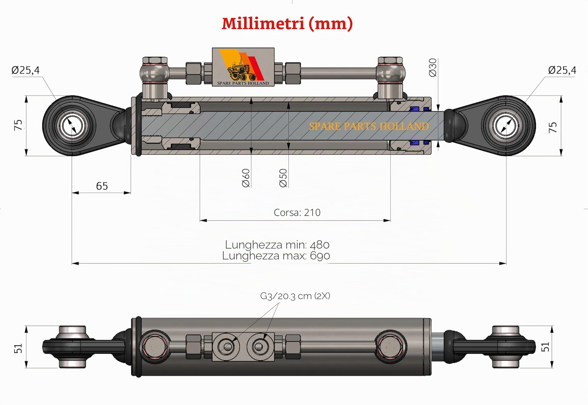 Terzo punto idraulico per trattore CAT 2-2 480-690mm completo di tubi e nippli