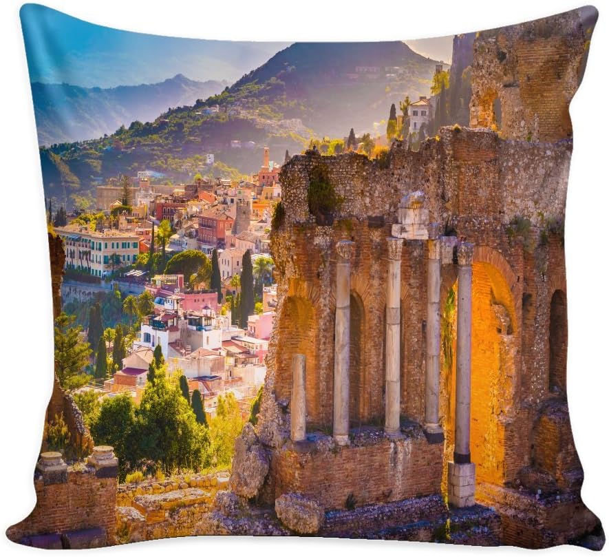 Sicily Italy Throw Pillow Cover with Insert - Decorative Scenic Charming Italian City Personalized Décor - Square Cushion is Ideal for Chair, Couch, Bed, Sofa, Living Room, Bedroom
