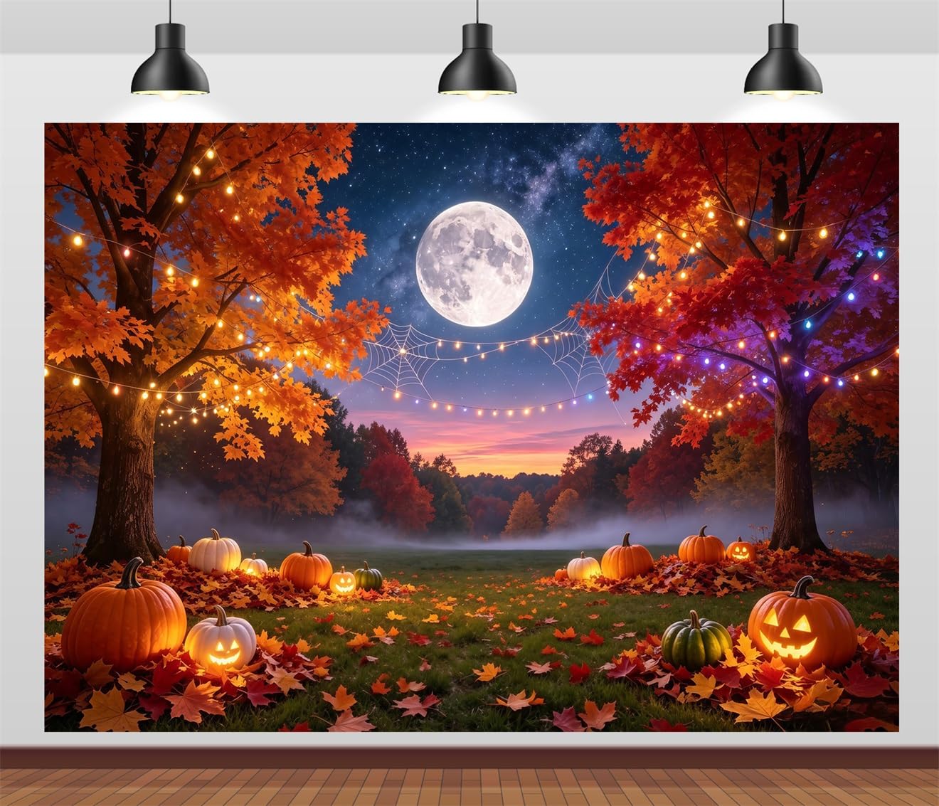 12x8FT (3.6x2.5m) Parco Autunnale Al Chiar Di Luna Sfondo Fotografico | Vista Halloween Tra Due Alberi Fondale In Tessuto,Luna Piena Lampadine,Per Feste Halloween E Foto In Costume,Photo Booth