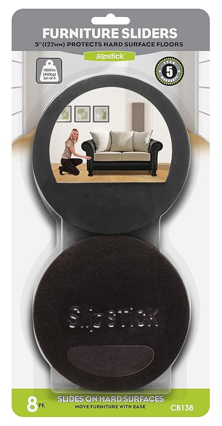 Slipstick CB138 Premium Felt Furniture Movers for Hardwood Floors (8 Pack) Reusable 5? Round Felt Sliders for Moving Heavy Furniture on Hard Surfaces, Supports 10,000 lbs, Black