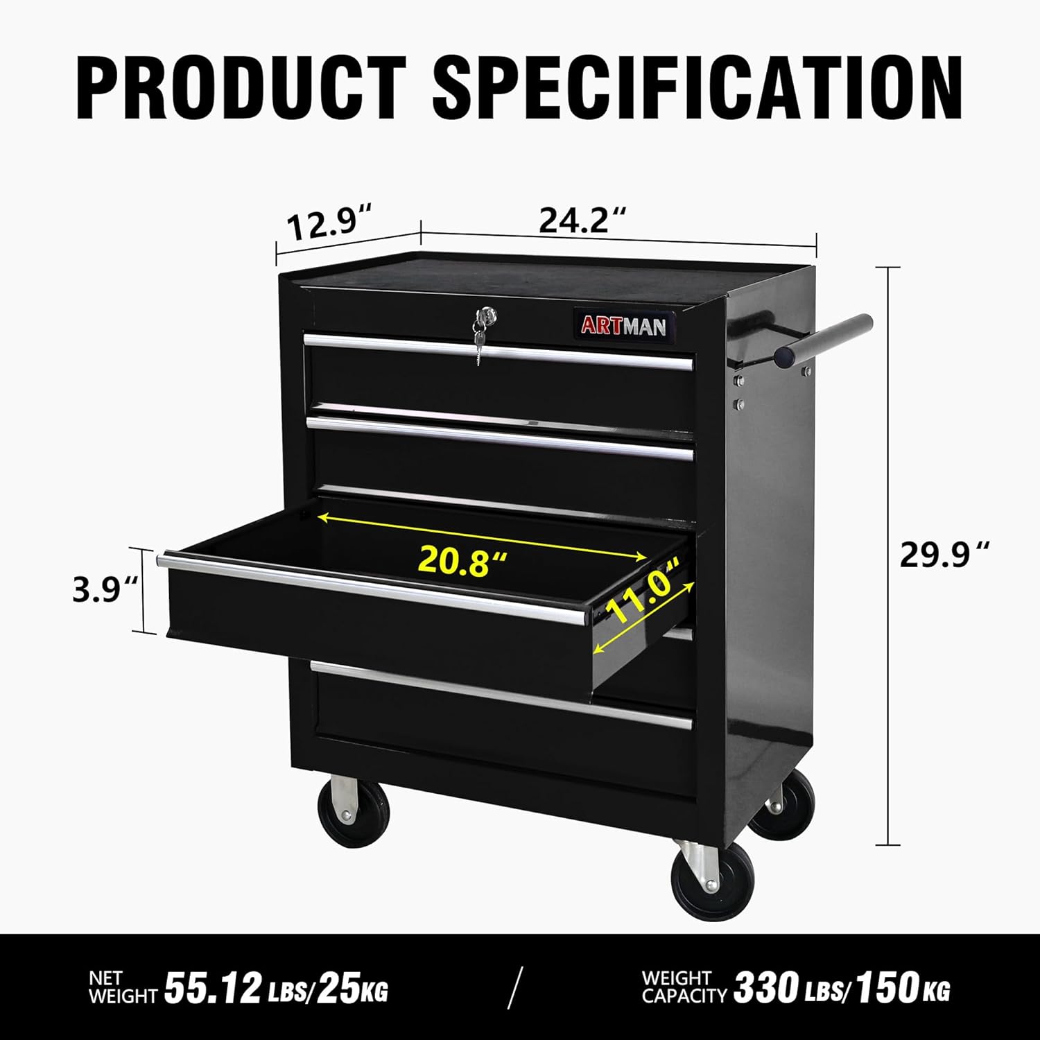 5 Drawers Tool Cart on Wheels, 5 Drawer Rolling Tool Chest with Key Lock, Trolley Organizer Tool Case, Multifunctional Rolling Tool Box for Garage,Warehouse,Workshop,Repair Shop (Black)