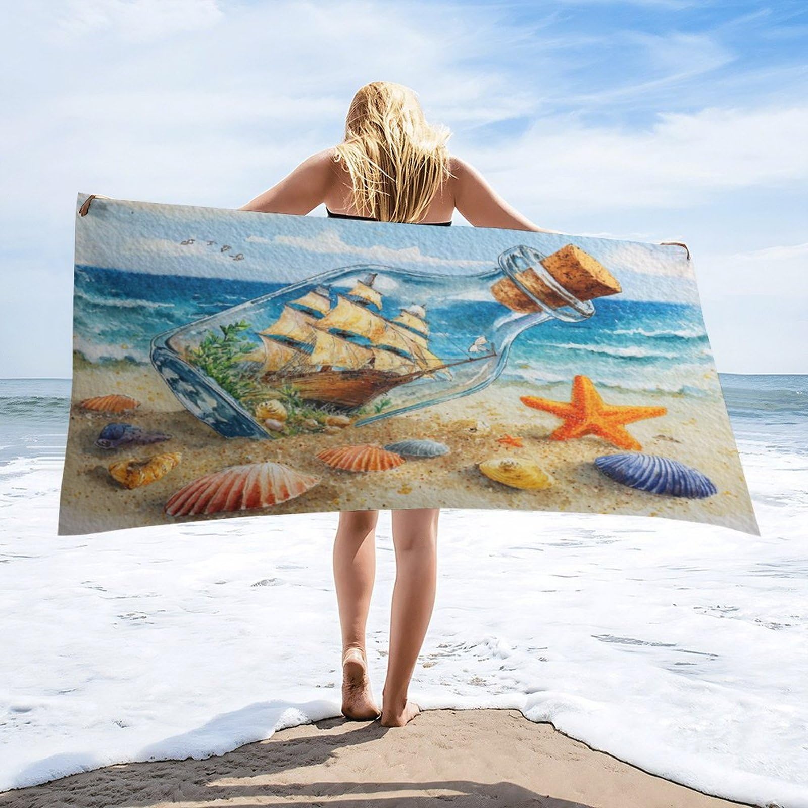 Luyysky Modern Classic Pirate Ship Quick-Drying Beach Towel, Fantasy Nautical Beach Animals Seagulls Starfish Shells Travel Vacation Single Sided Pile Bathroom Towels-80 W Cm X 160" L Cm