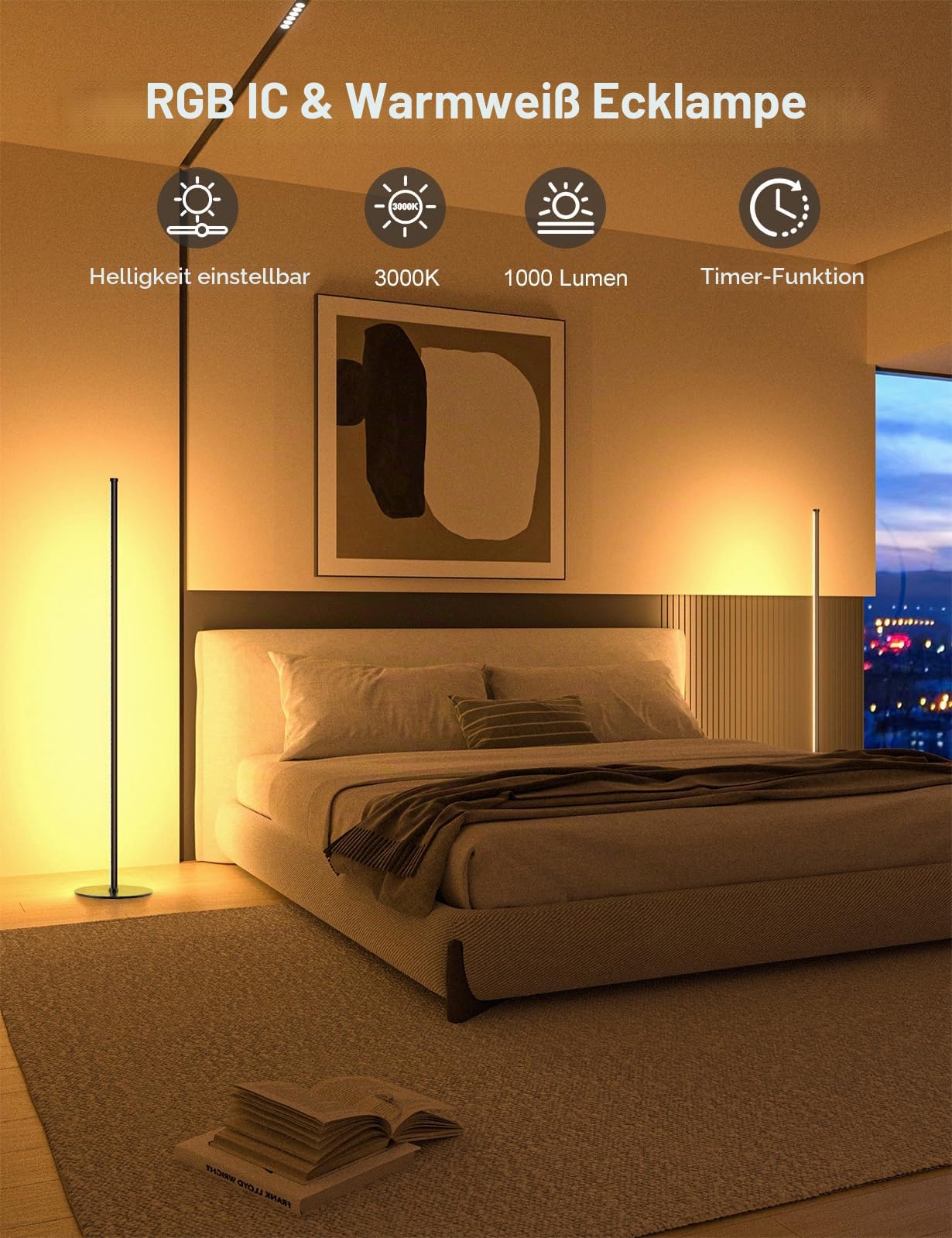 LED Stehlampe Wohnzimmer, 180cm RGB Stehlampe Dimmbar mit Fernbedienung, APP-Steuerung, 16 Millionen Farben Musik Sync Warm Weiße Eckleuchte, Ecklampe für Wohnzimmer Schlafzimmer Spielzimmer