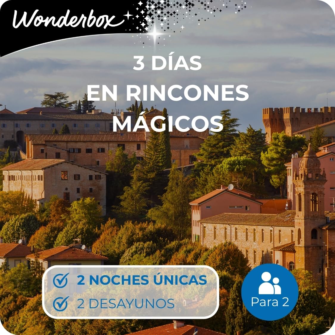 WONDERBOX - Caja Regalo - 3 Días en Rincones Mágicos - para 2 Personas | 2 noches con desayunos - Más de 3500 estancias - Hoteles hasta 4* en la playa y montaña, palacios, casas rurales