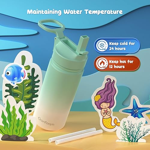 Miniatura 5 de Botella de agua para niños, botella de agua para niños de 16 onzas con calcomanías para la escuela, taza con popote de acero inoxidable aislada,
