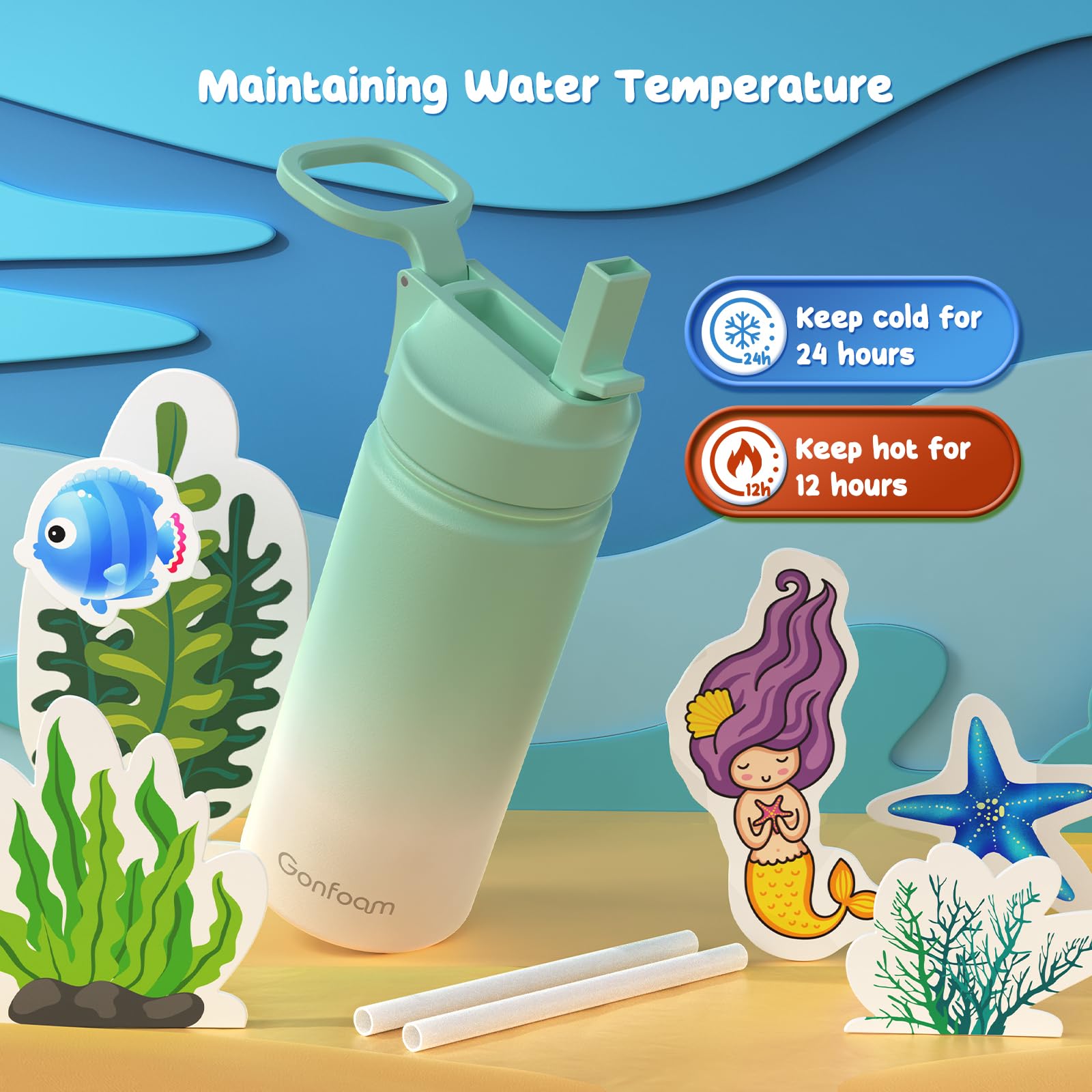 Botella de agua para niños, botella de agua para niños de 16 onzas con calcomanías y popote, taza de popote de acero inoxidable, botella de agua para la escuela (verde/blanco)