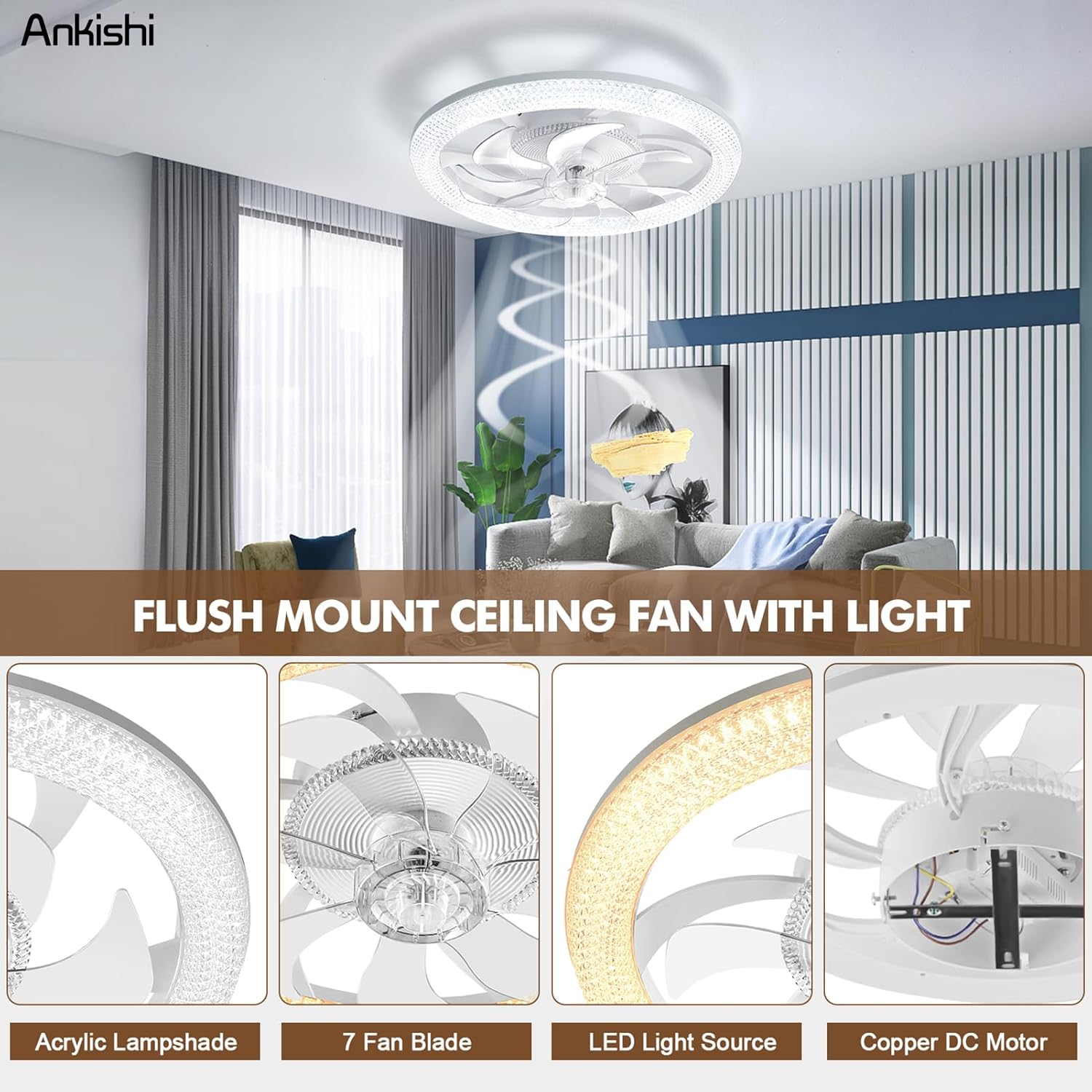 Ceiling Fan with Light, 18.89in Low Profile Ceiling Fans with Light and Remote 3000K-6500K Dimmable Flush Mount LED Fan Light, 6 Wind Speeds Reversible Blades Ceiling Fan with APP, Timing