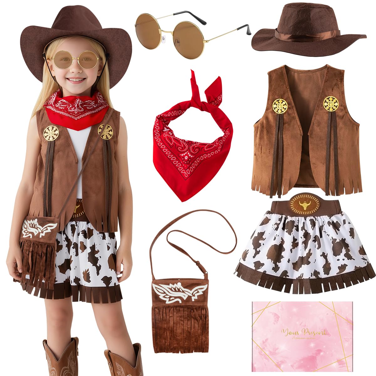 Deguisement Cowgirl Enfant Fille, Robe Western pour Fille avec Bandana, Chapeau Cowboy, Cowgirl Costume pour Halloween Carnival Cosplay Party, Deguisement Fille 5-10 Ans