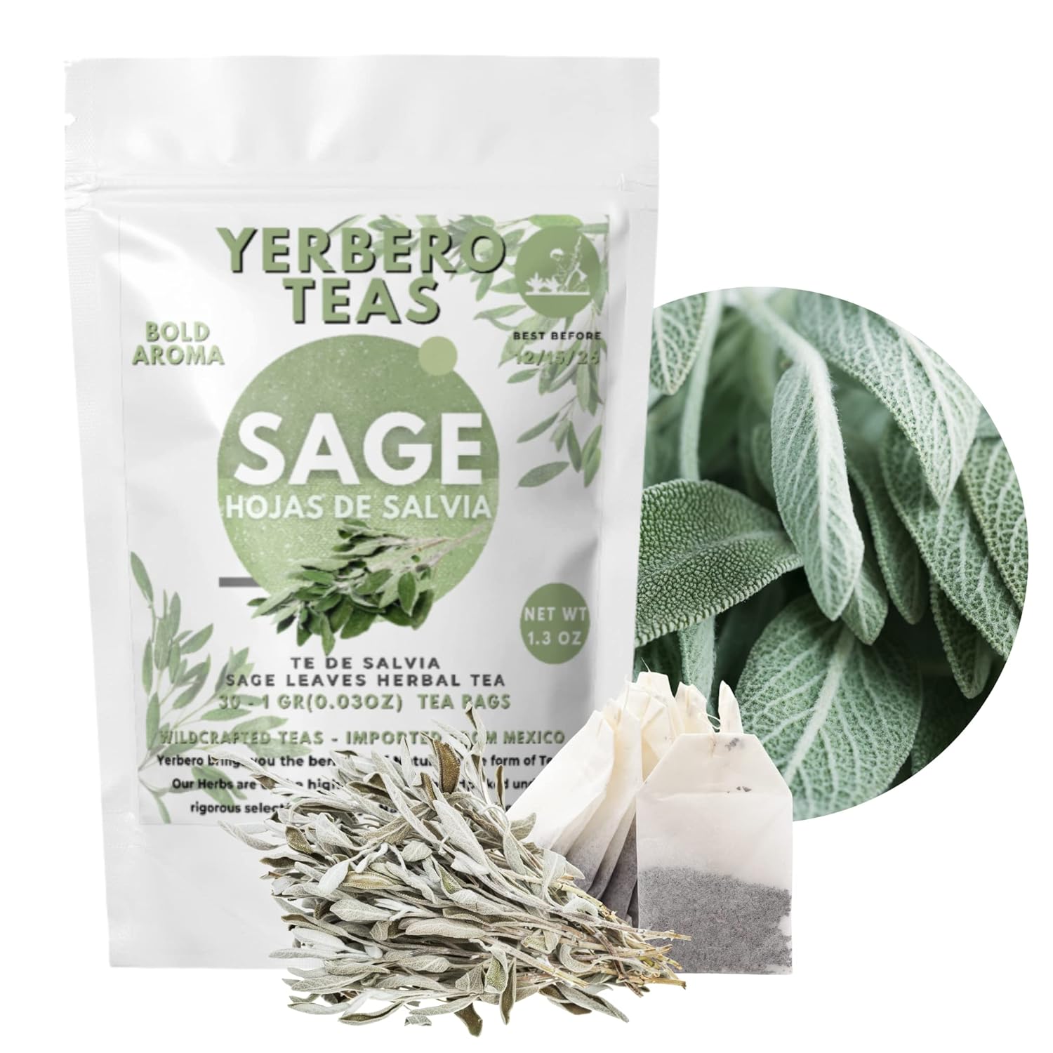 Yerbero Premium Sage Leaves Tea 30 Tea Bags 1gr (0.03oz) Net WT 30gr (1.3oz