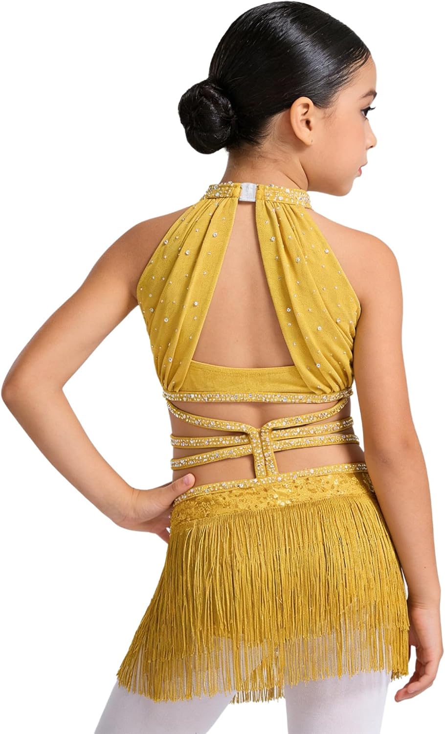Hansber Kids Girls Sequins Tassels Cutout Jazz Samba Cha Cha Tango Modern Latin Dance Dress Competition Dancewear