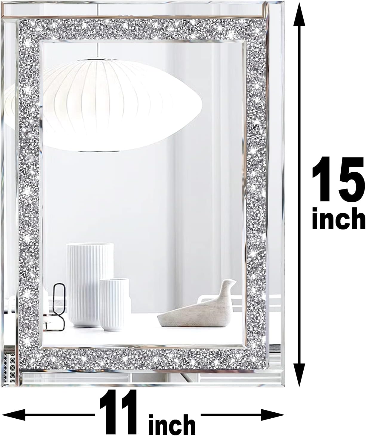 Meetart Crystal Crush Diamond Silver Mirror 11'' x 15''2 PCS, Frameless Stylish Gorgeous Diamond Decor Glam Glass Mirror. for Bedroom Bathroom Hanging Mirror Home for Wall Decor.