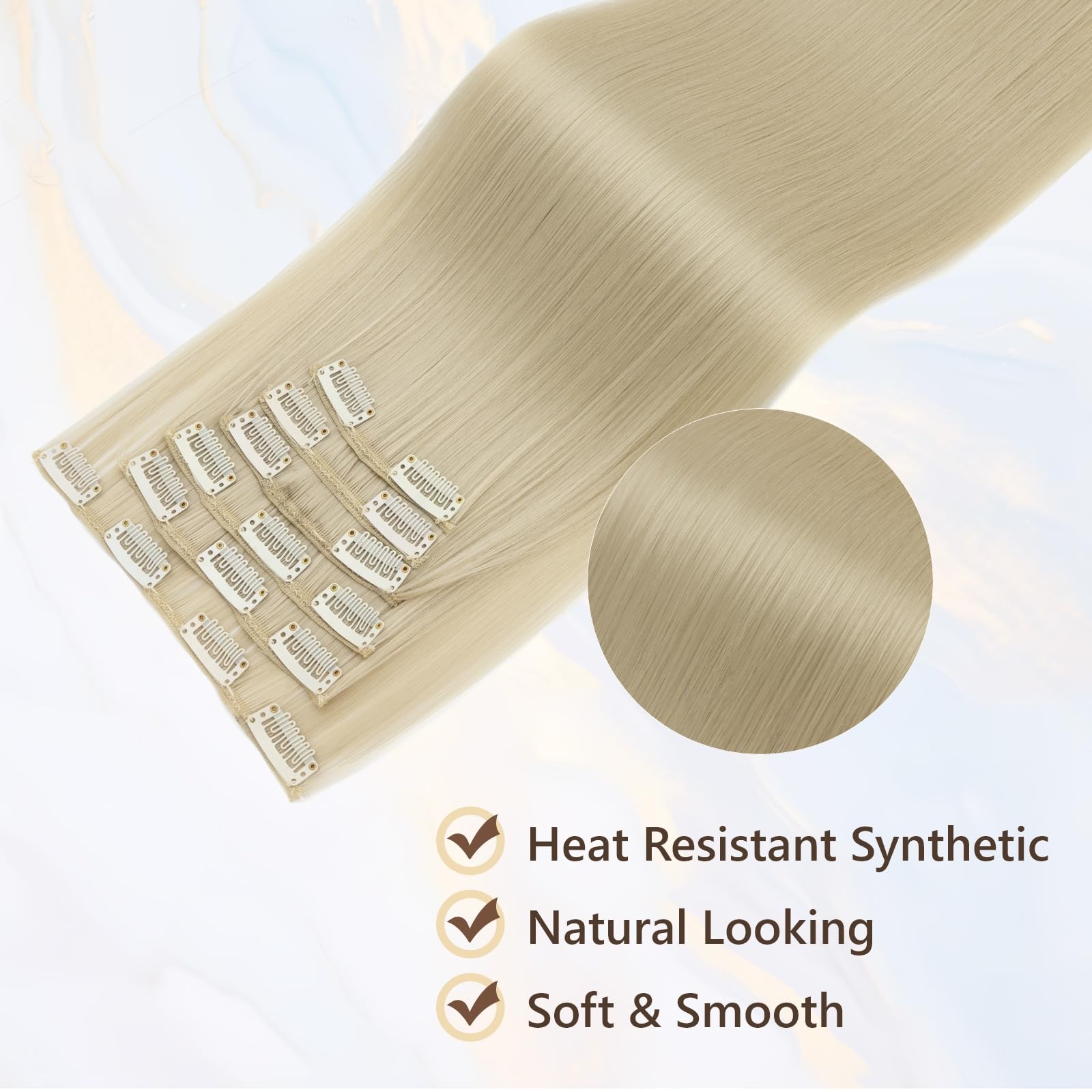 Benehair 24" Clip in Hair Extensions Full Head 6 Pcs 16 Clips Long Straight Hair Extensions Clip in Synthetic Fiber Natural Extension Medium Blonde Hairpiece for Women(Medium Blonde - Image 3