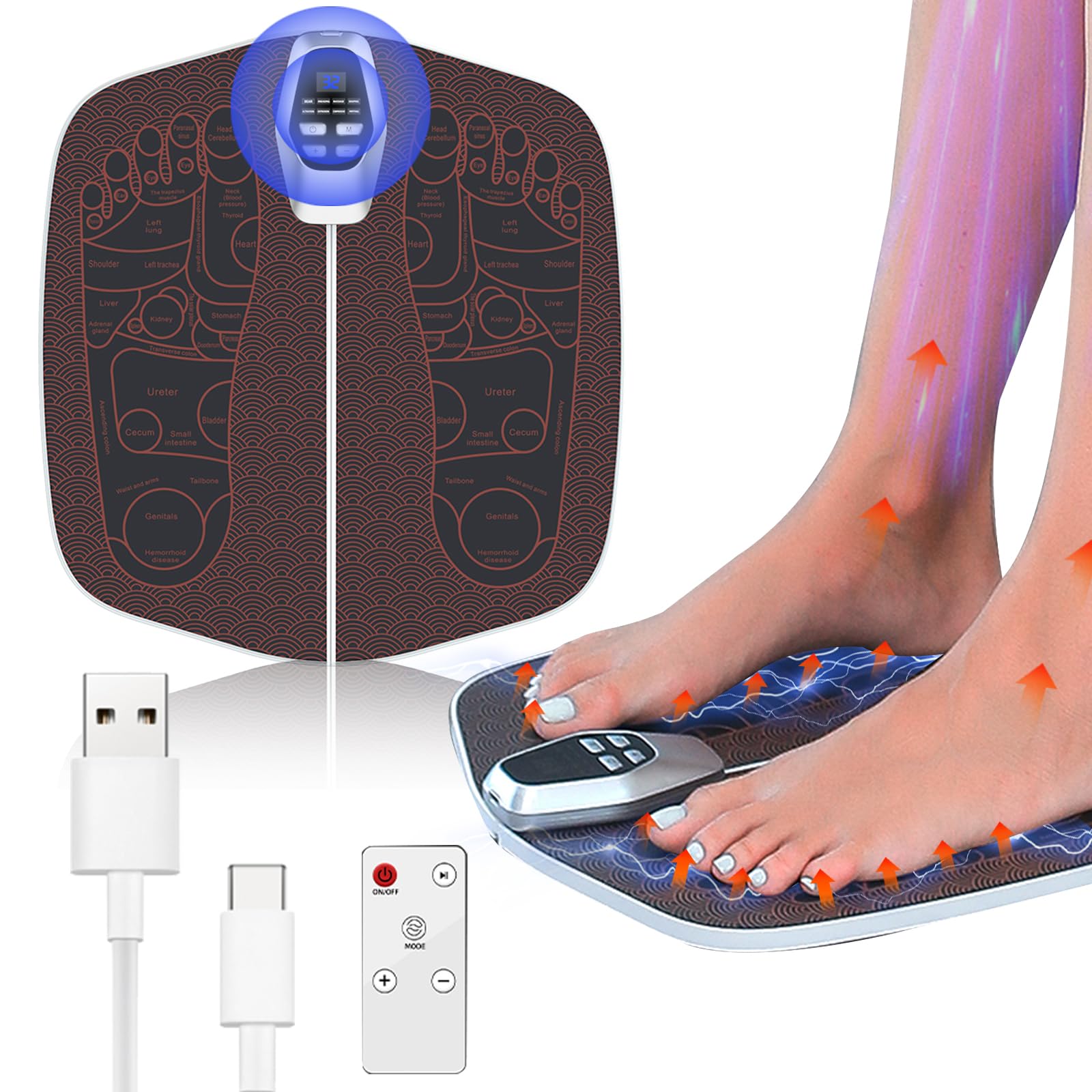 SNUYUERS Foot Massager Mat for Neuropathy,EMS Foot Massager for Circulation and Pain Relief, Foldable Feet and Calves Massage Machine with 8 Modes and 32 Intensity Levels for Muscle Relaxation