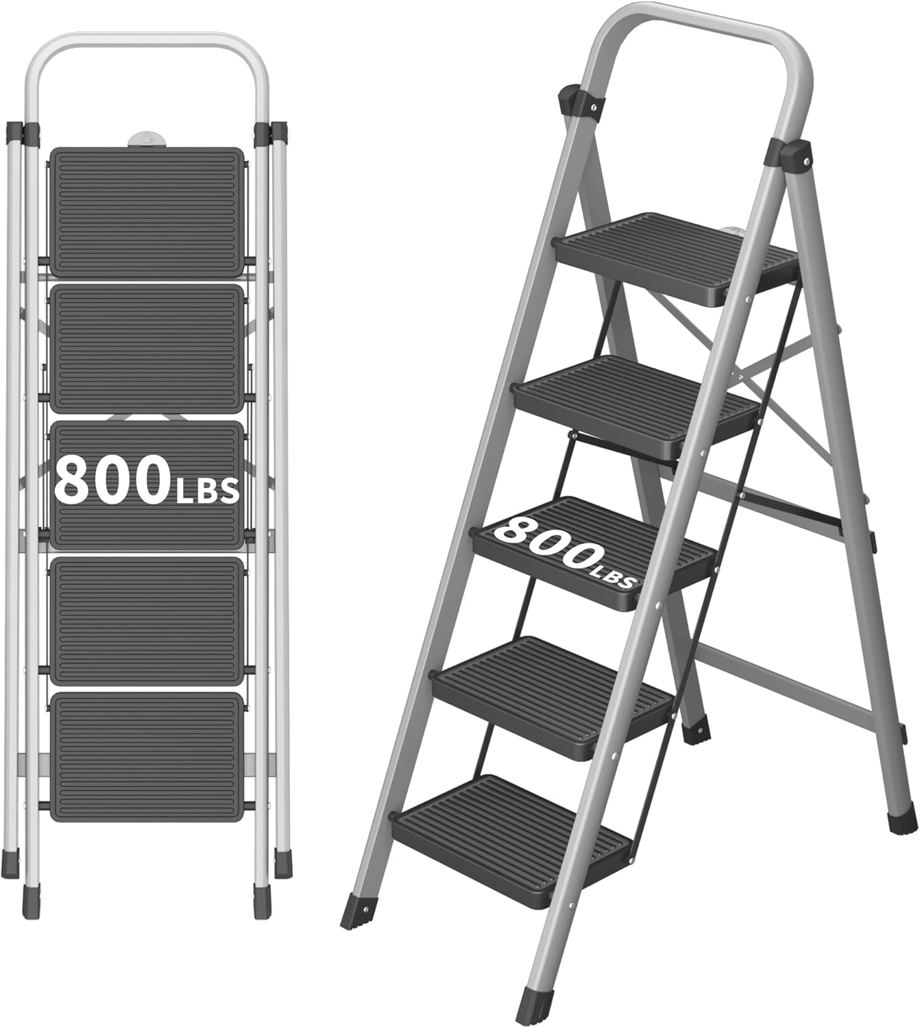 5-Step Foldable Step Ladder Stool with Handle, Anti-Slip Wide Pedals & Feet, 800lbs Capacity, Sturdy Stepstool Folding for Adults in Home & Kitchen Use - Silver Gray
