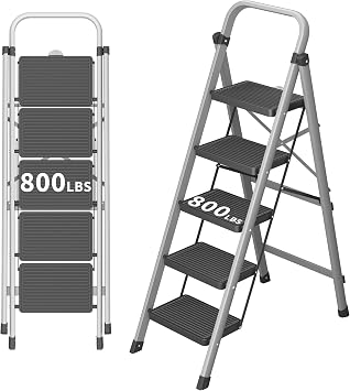 5-Step Foldable Step Ladder Stool with Handle, Anti-Slip Wide Pedals & Feet, 800lbs Capacity, Sturdy Stepstool Folding for Adults in Home & Kitchen Use - Silver Gray