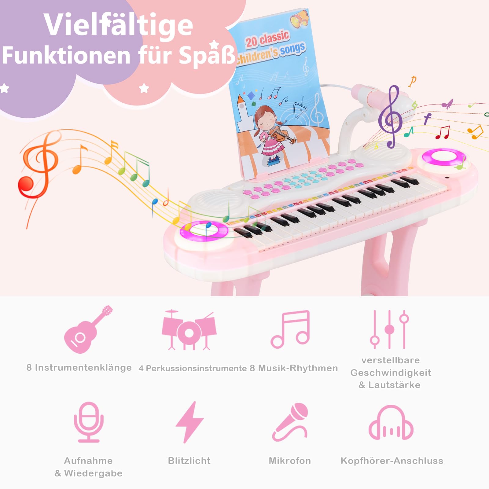 GOPLUS Klawiatura zabawkowa z 37 przyciskami, klawiatura fortepianowa z mikrofonem, lampkami i taboretem, klawiatura z 8 rytmami i 8 dźwiękami instrumentów, dla dzieci od 18 miesięcy (różowa)