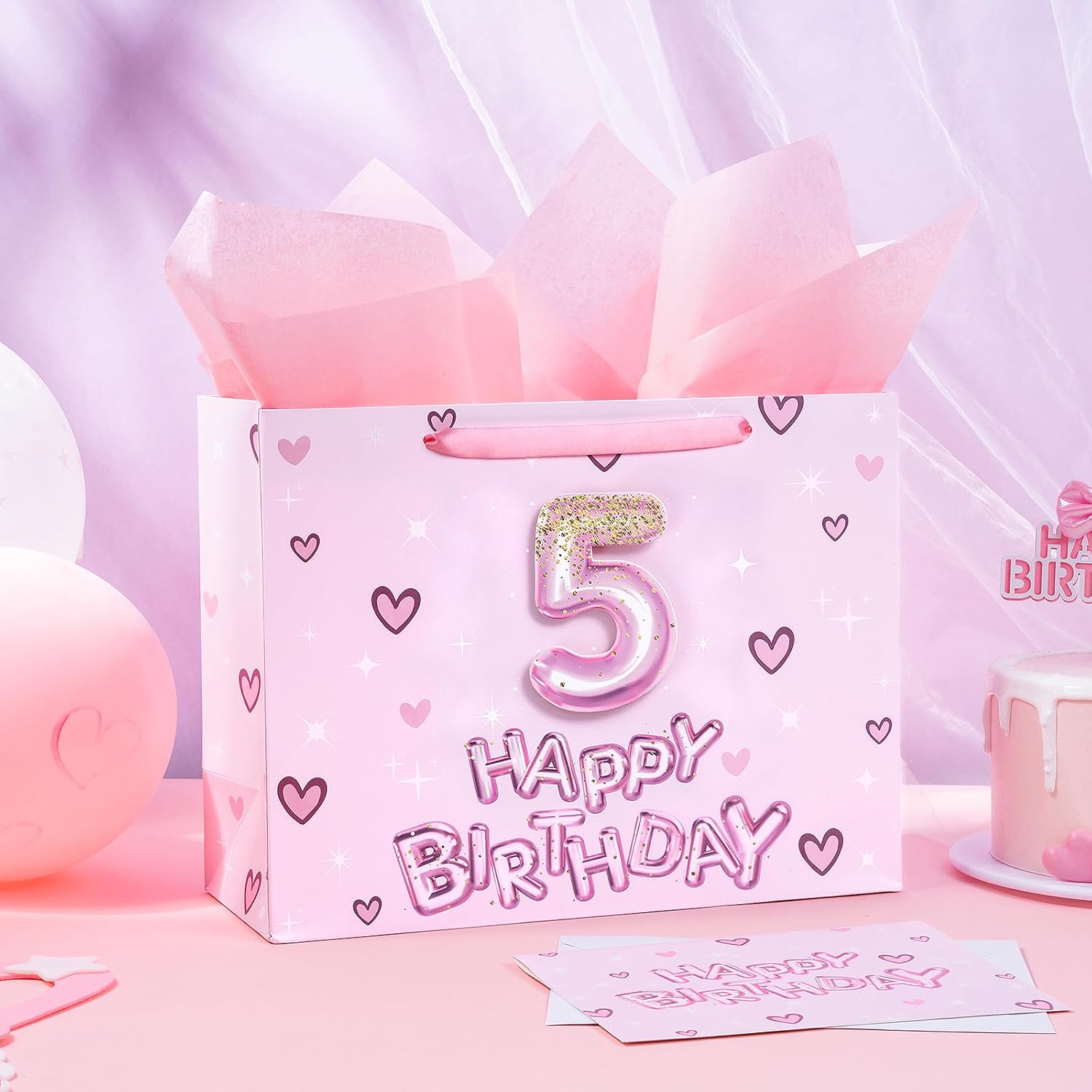 Loveinside 5th Birthday Gift Bag for Girls, Pink 3D Number 5 Balloons and Hearts Design, Medium Size Bag with Tissue Paper, Tag, Greeting Card, Ideal for Birthday Celebration, 10" x 5" x 13", 1 Pcs image 4