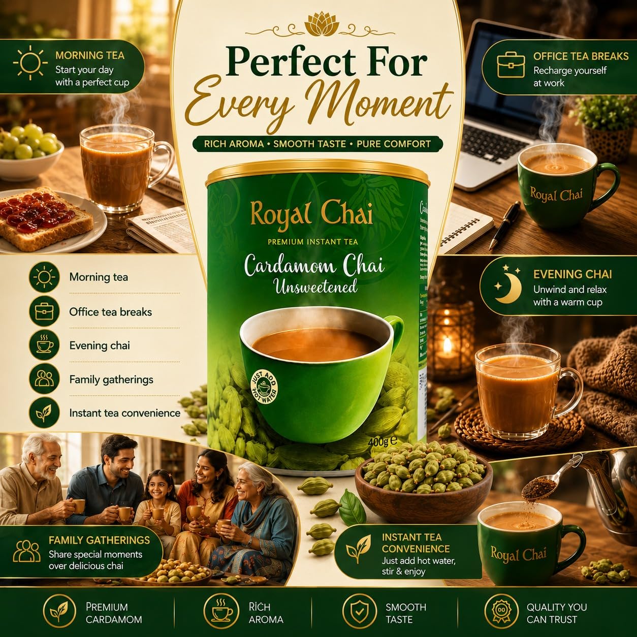 Royal Chai Elaichi ungesüßte Dose 400g (6 Stück) - Premium Instanttee - Kardamom Tee - Natürlich - Sofortkardamom Indianer Tee