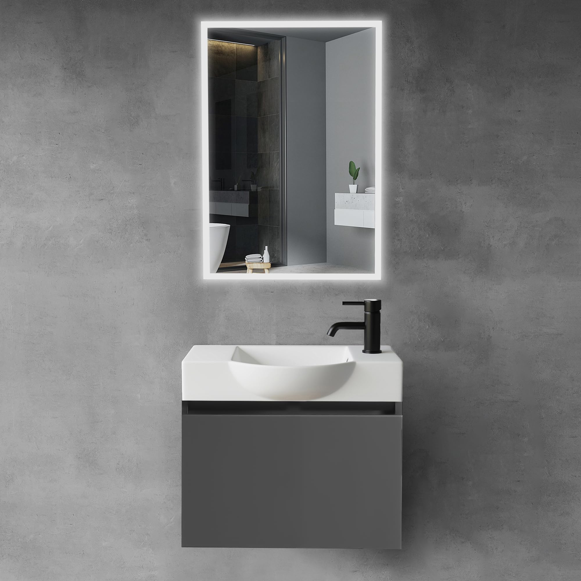 Alpenberger Badmöbel Set mit Waschbecken | Badschrank Hängend | Waschtisch mit Unterschrank | Badezimmerschrank mit Spiegel | Badmöbel für Kleine Bäder + Gäste WC | Waschtischunterschrank Anthrazit