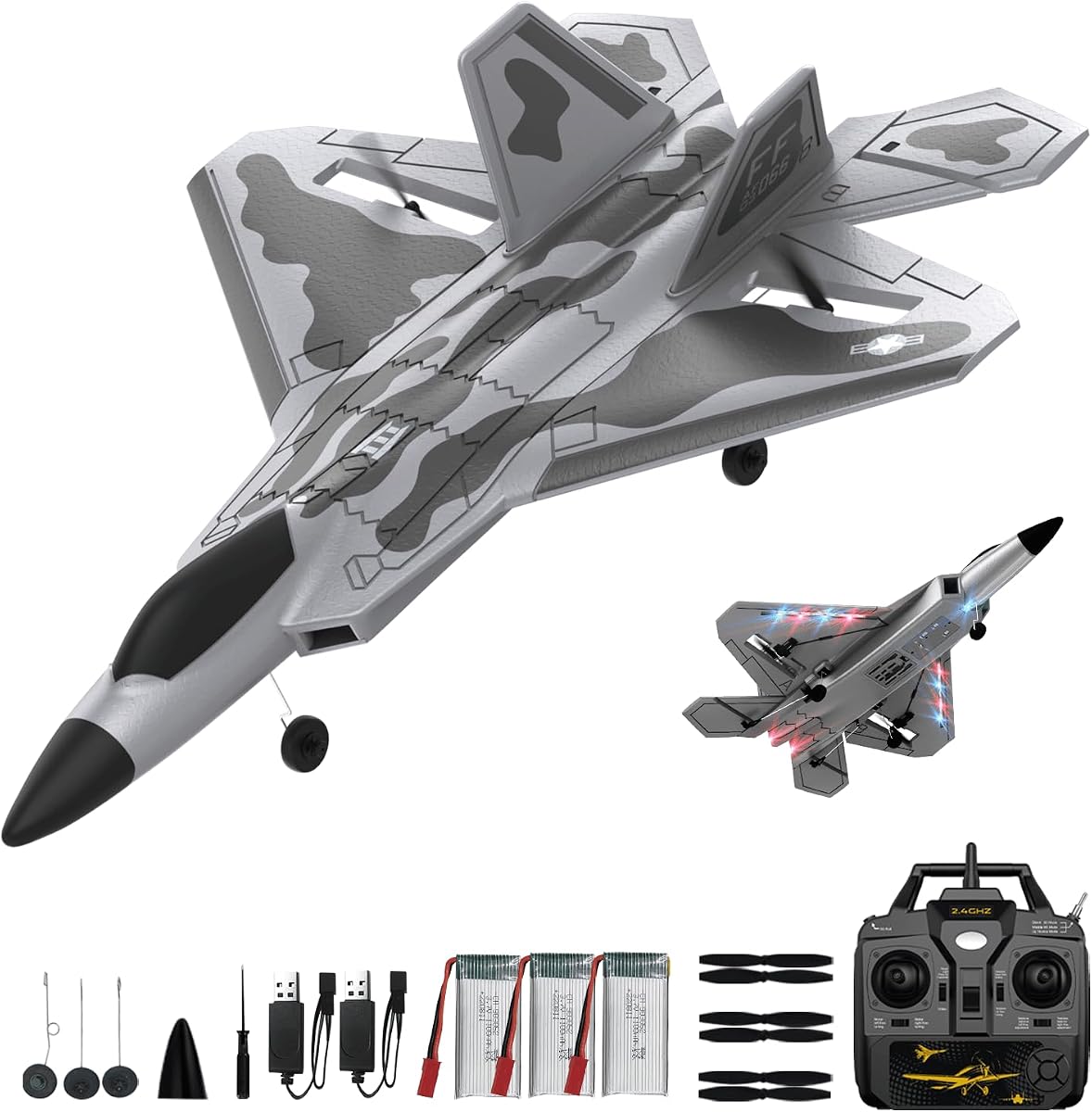 Aviones RC RTF F22 Raptor de 4 canales, 3 modos de vuelo, acrobacia aérea con una sola tecla | Avión de control remoto con luz, giroscopio de 6 ejes, envergadura de 360 ​​mm, fuselaje de 500 mm, material de espuma EPP, adecuado para exteriores y regalo