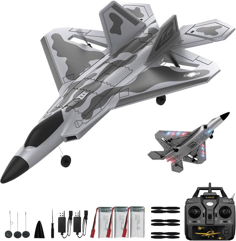 Aviones RC RTF F22 Raptor de 4 canales, 3 modos de vuelo, acrobacia aérea con una sola tecla | Avión de control remoto con luz, giroscopio de 6 ejes, envergadura de 360 ​​mm, fuselaje de 500 mm, material de espuma EPP, adecuado para exteriores y regalo