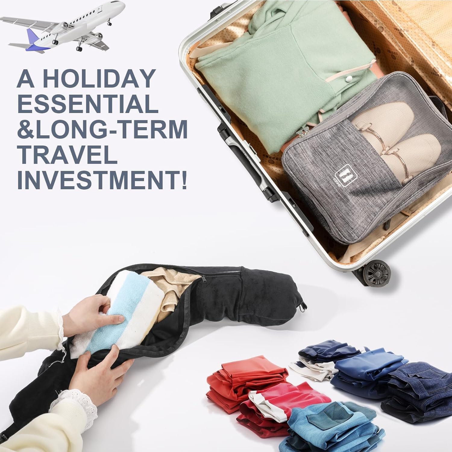 Cuscino Da Viaggio Riempibile - Multifunzione A U, Per Collo E Schiena, Impermeabile, Con Tra Colla - Foto 3