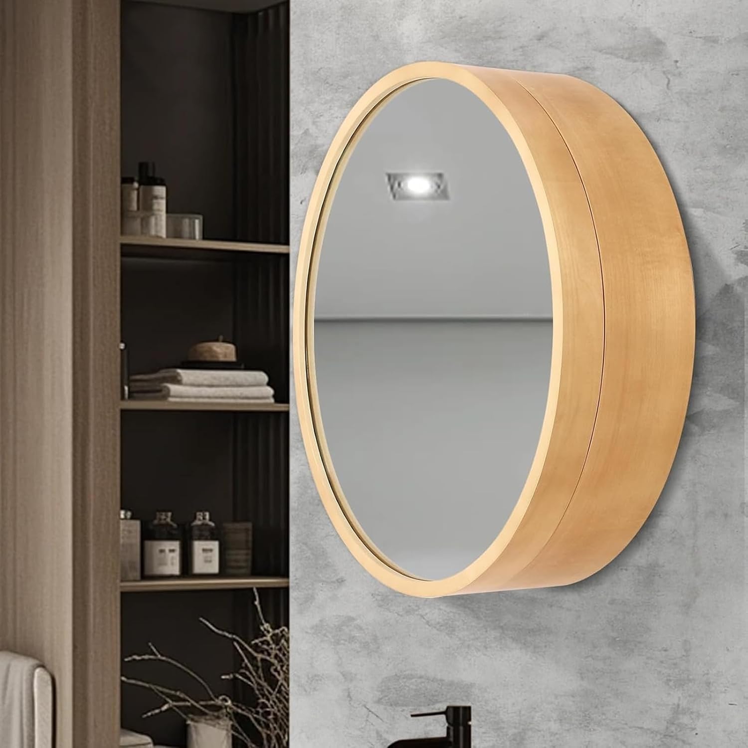 Mirror Cabinet Solid Wood Round Flip Bathroom Mirror Cabinet Wall Mount Makeup Storage with Shelves(Wood,70cm)
