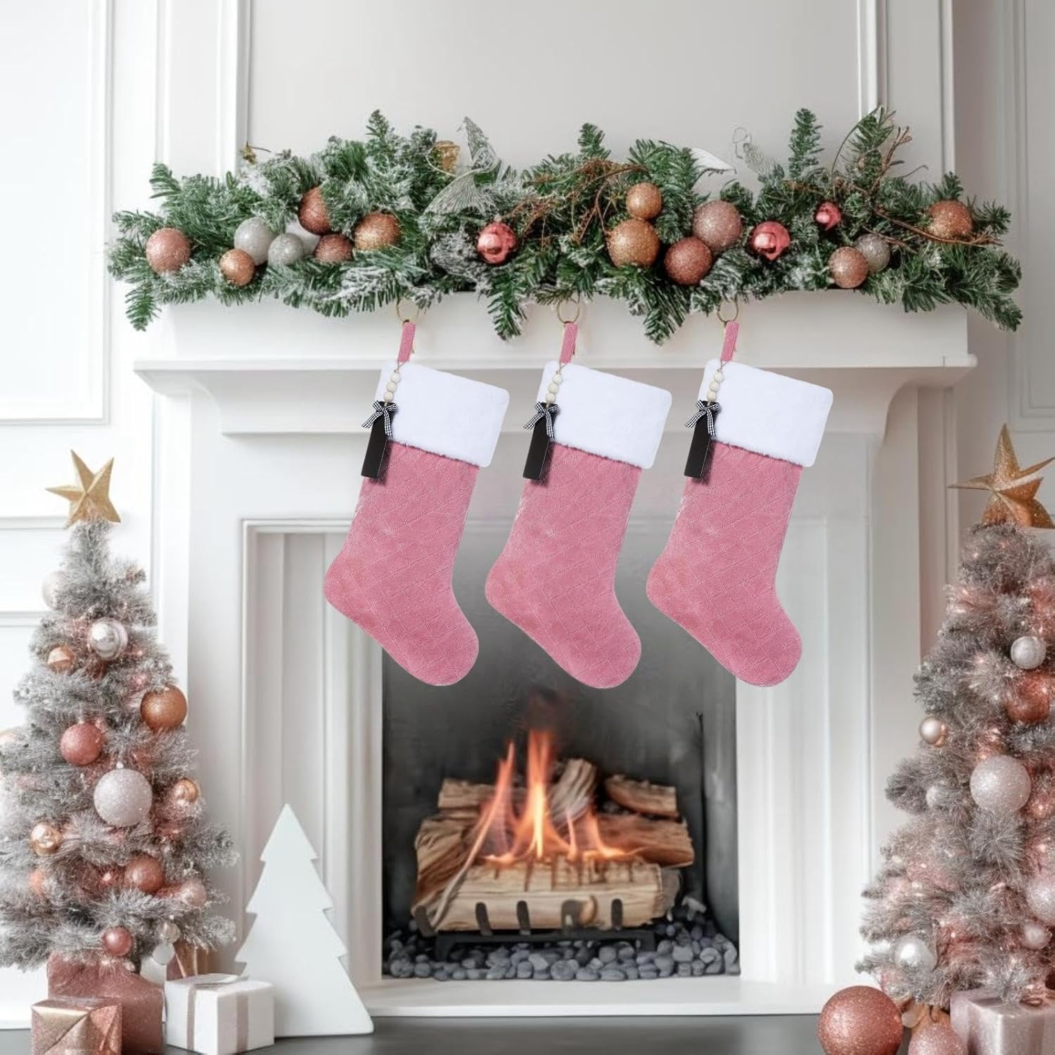 Pink Velvet Quilted Personalized Christmas Stocking,19.5 Inch Fireplace Hanging Stockings with Blank Wooden Tags DIY Name,Family Holiday Decorations and Xmas Gift- 6Pcs - Image 6