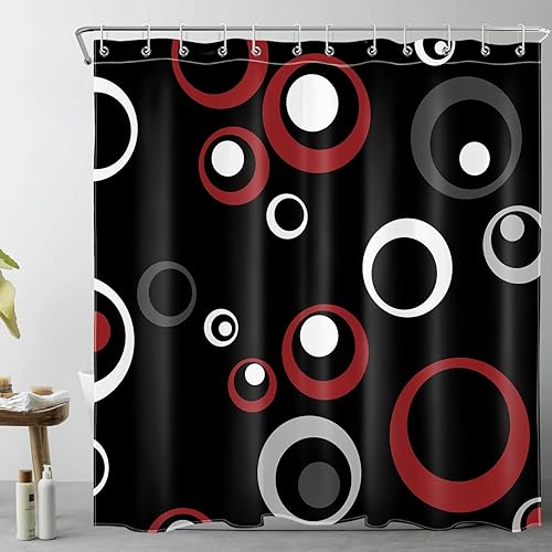 HVEST Cortina de ducha geométrica abstracta roja con ganchos, círculo abstracto gris y blanco sobre negro, cortina de ducha para baño, juego de