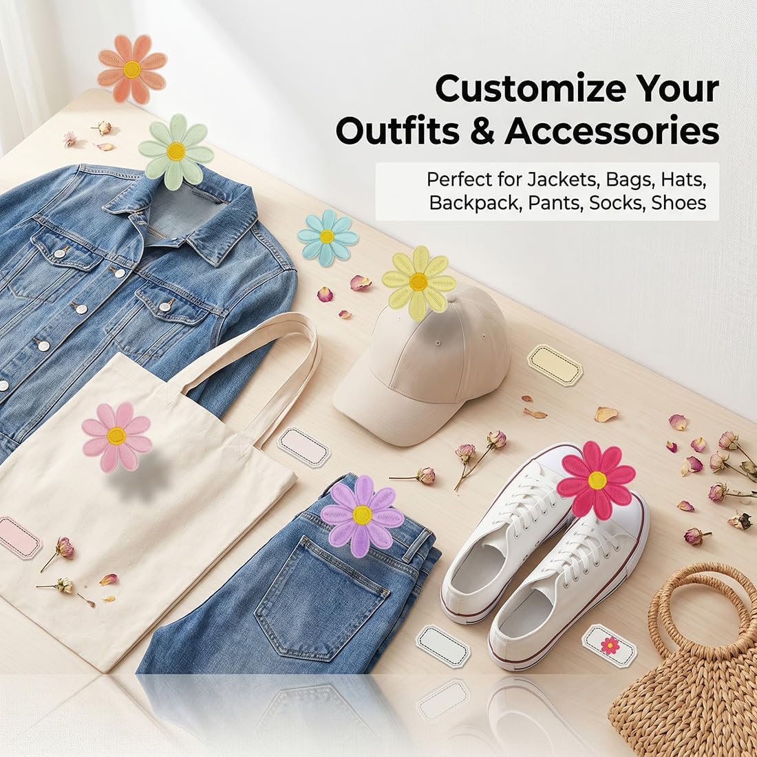 64 Pcs 8 Color 4 Sizes Embroidered Iron On Patch, Daisy Flower Iron On Patch, Mini Colorful Floral Embroidery Sew Glue Applique for Clothing Hats Jeans Backpacks DIY Crafts Girls Women Decor