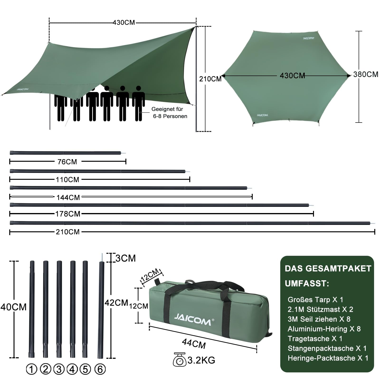 JAICOM Tarp 3,7 x 4,3 Wasserdicht, Ultraleicht Zeltplane Mit Stützstangen, Ösen, Aluminiumstiften, Nylonseil, UV und Regenbeständig, Geeignet für Zelte, Hängematten, Höfe, Strandsonnenschutz