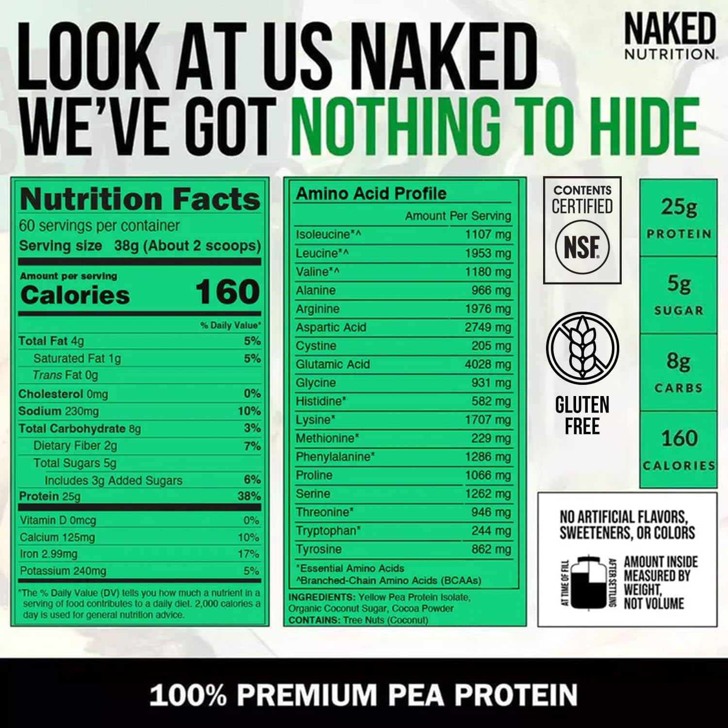 NAKED Nutrition Chocolate Pea Protein Isolate - 5Lb Bulk, NSF Certified, Plant Based, Vegetarian & Vegan Protein. Easy to Digest, Non-GMO, Gluten Free, Lactose Free, Soy Free