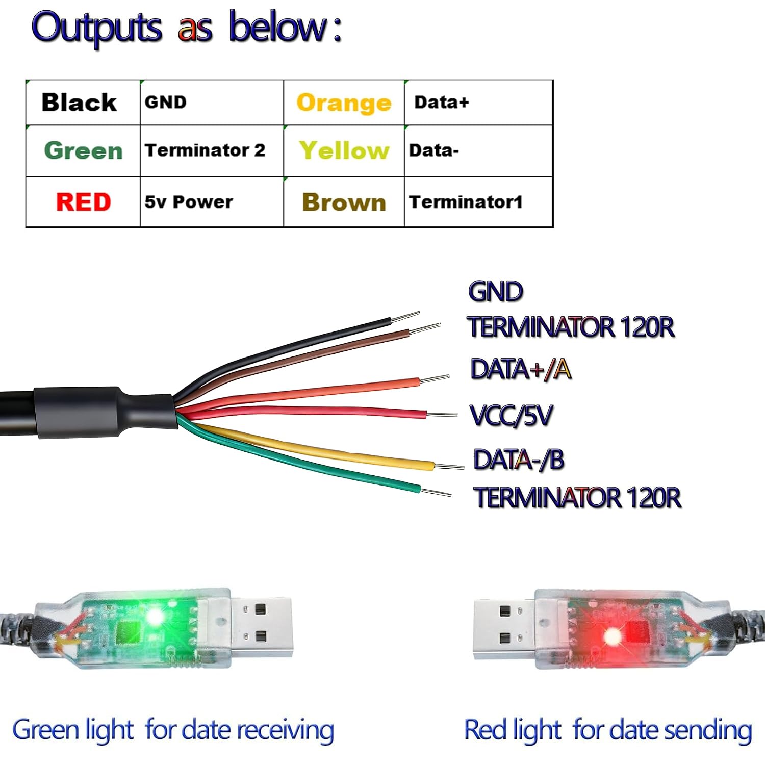 USB to RS485-WE Serial Cable, RS485-WE-1800-BT UART Serial Converter Cable,USB-RS485-WE Wire End,FT232 Chipset, 6 Way,1.8m/6ft