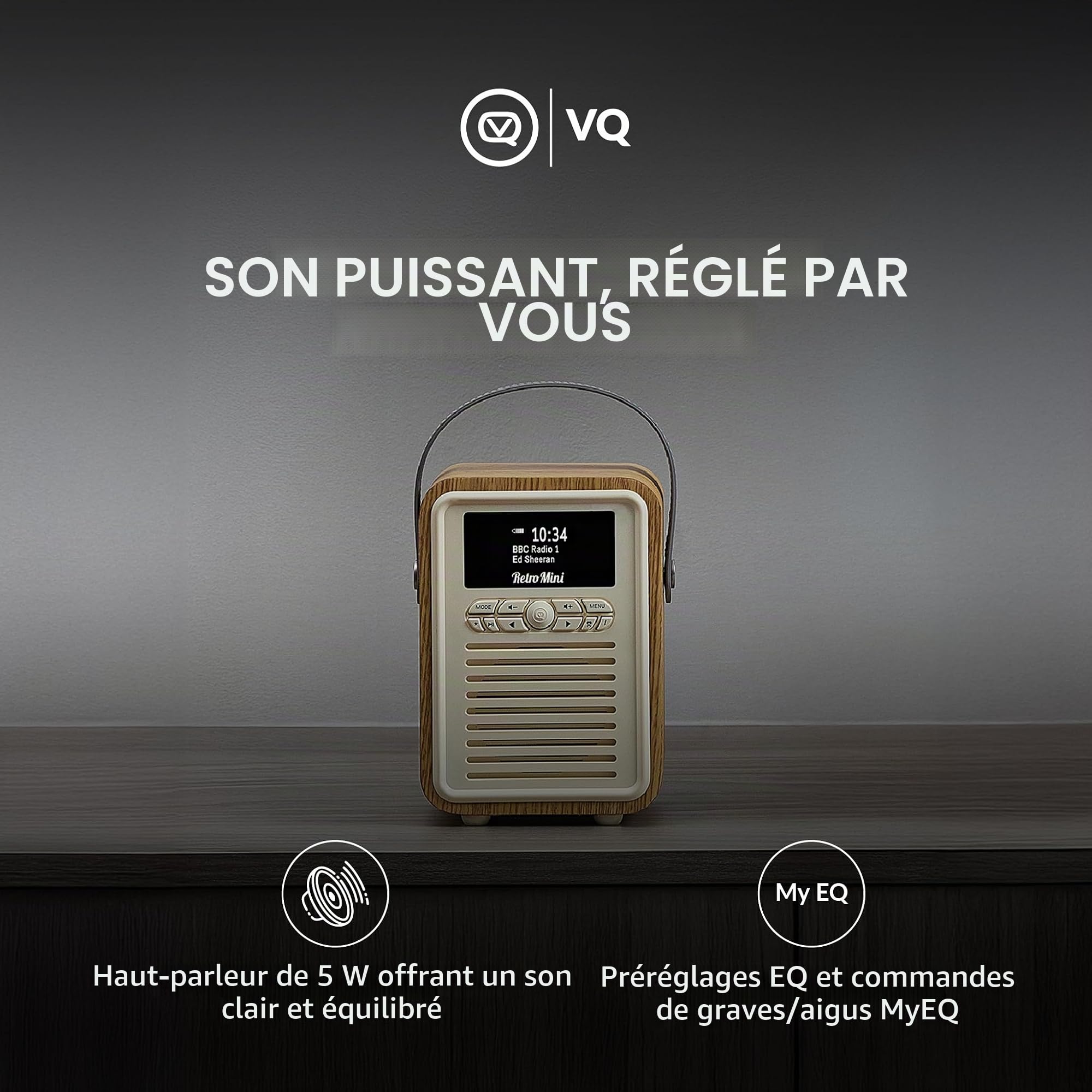 VQ Retro Mini Radio Dab Plus/Dab avec Bluetooth, FM et Radio Réveil Fonction - Alimentée par Secteur et Batterie Radio Portable avec Antenne, Prise Casque et Port de Charge USB – Chêne