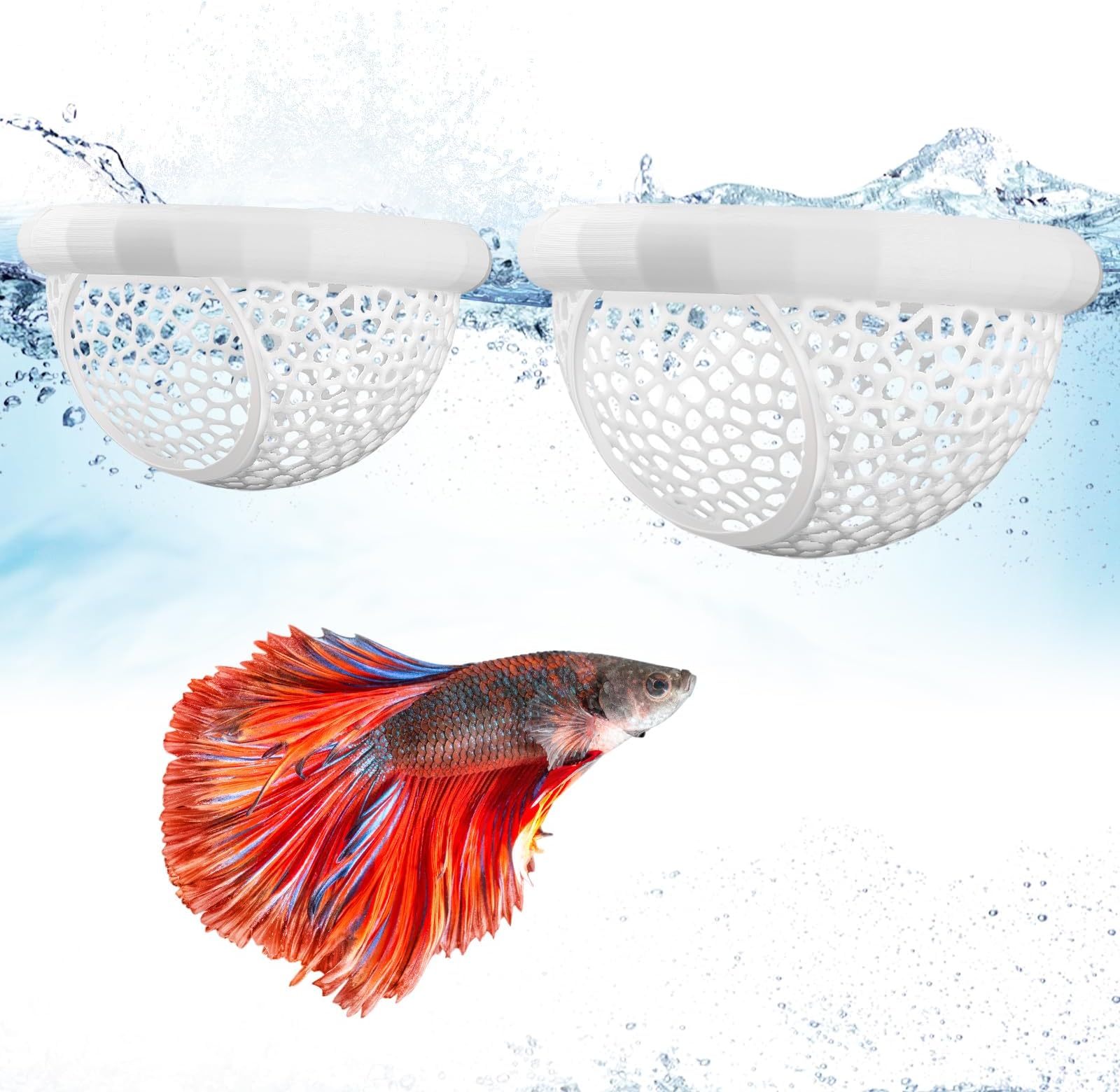 2 Sizes Floating Betta Fish Hide and Shrimp Cave – 3D Printed Aquarium Hammock, Floating Feeder Ring, and Resting Shelter for Nano Aquariums & Fish Tank Decorations (White)